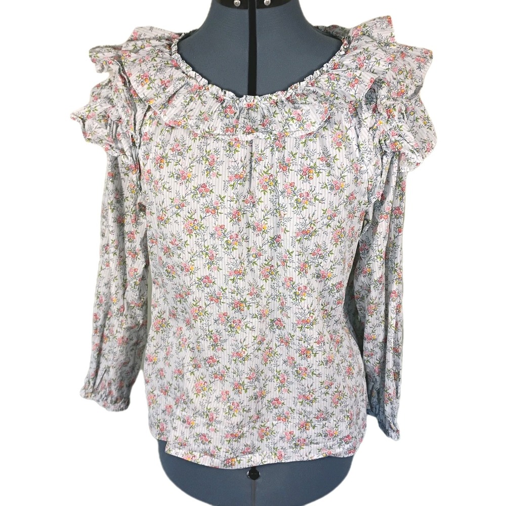 J Crew Liberty‎ Ruffle Shoulder Top Blouse Winding Roses Longsleeves Size Medium